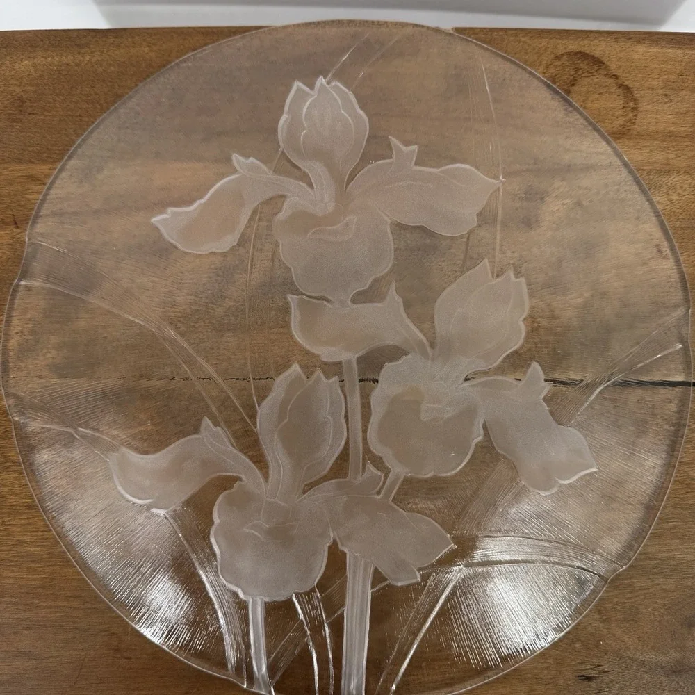 Vintage Dorothy Thorpe Sand Etched Glass‎ Iris Platter MCM Serving Plate 12